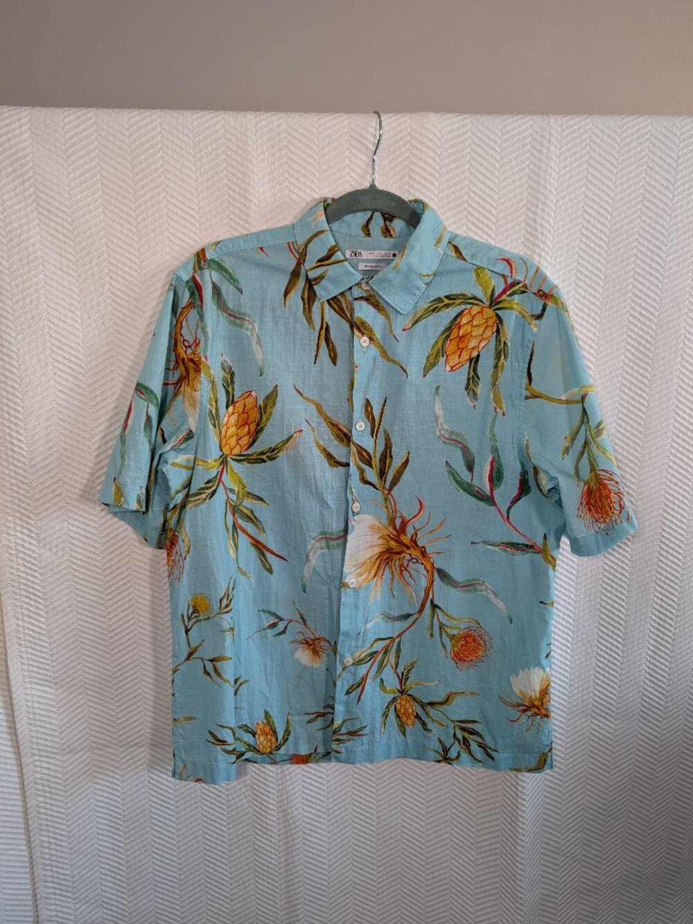 Zara Men’s Aqua Blue Tropical Floral Short Sleeve Button Up Shirt Cotton Small